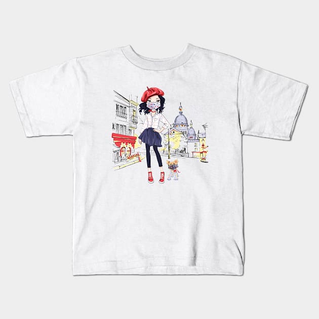 Girl in Paris walks a dog on quarantine Kids T-Shirt by kavalenkava